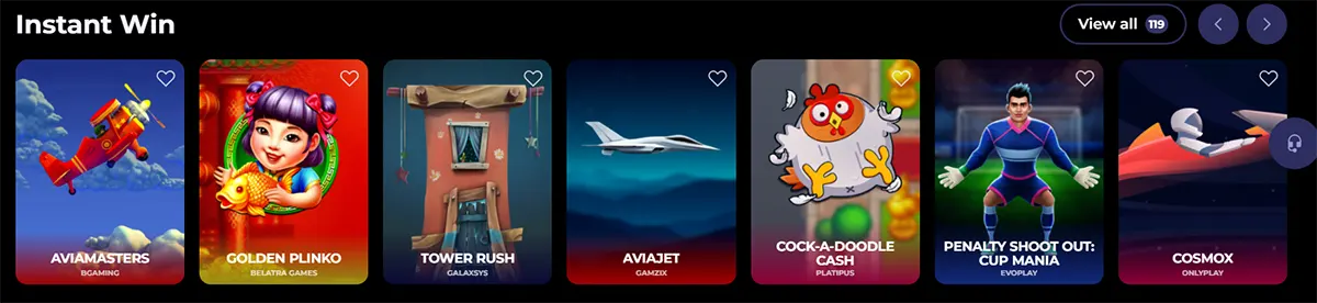 “Instant Win” game row showing tiles for Aviamasters, Golden Plinko, Tower Rush, Aviajet, Cock-a-Doodle Cash, Penalty Shoot Out: Cup Mania, and Cosmox.