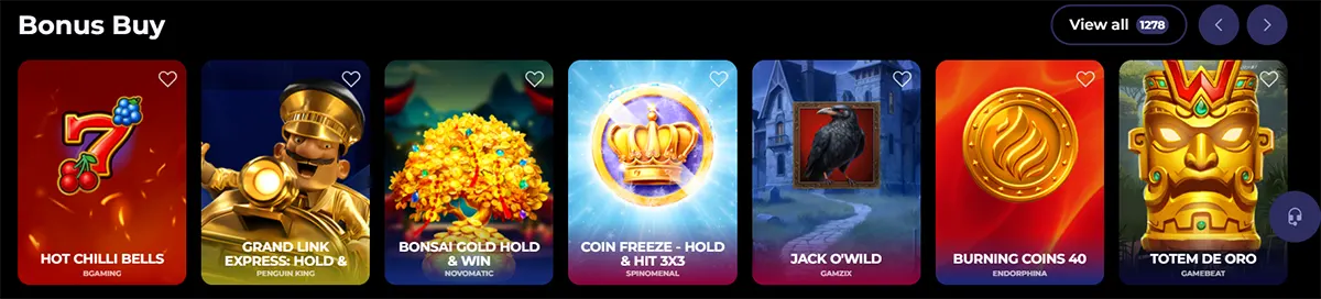 “Bonus Buy” game row showing tiles for Hot Chilli Bells, Grand Link Express: Hold &…, Bonsai Gold Hold & Win, Coin Freeze: Hold & Hit 3X, Jack O’Wild, Burning Coins 40, and Totem De Oro (with “View all 1278” controls).