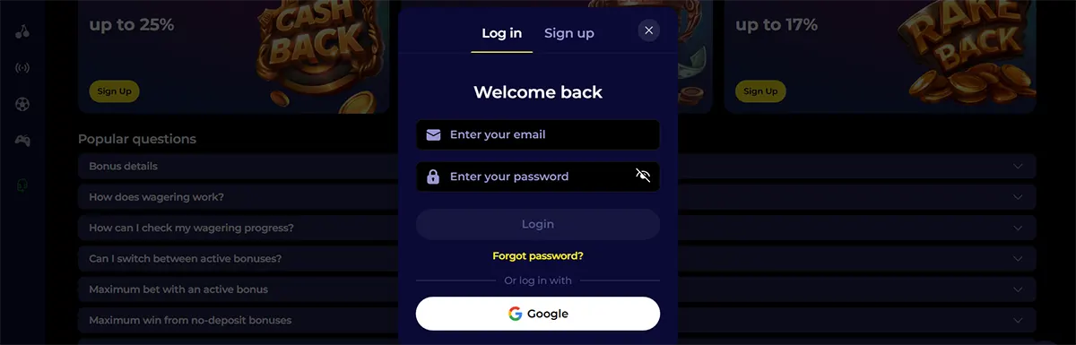 Dark casino “Welcome back” login pop-up with email and password fields, a “Forgot password?” link, and a Google sign-in button over a blurred FAQ/bonuses page background.